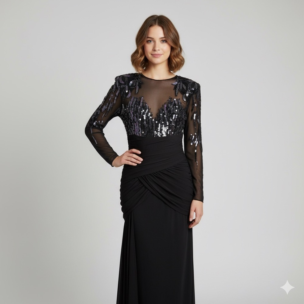 Vintage 80s Casadei Black Sequin Sheer Formal Midi Dress - 4/6 🇺🇸